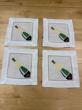 Champagne Bottle Embroidered Linen Cocktail Napkins - White/Green